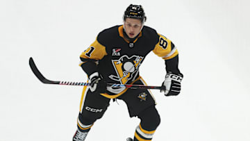 Sep 27, 2025; Pittsburgh, Pennsylvania, USA;  Pittsburgh Penguins center Ben Kindel (81) in action against the Columbus Blue Jackets during the second period at PPG Paints Arena. Mandatory Credit: Charles LeClaire-Imagn Images