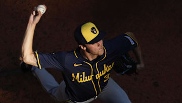 Jul 22, 2025; Seattle, Washington, USA; Milwaukee Brewers starting pitcher Jacob Misiorowski (32) warms up in the bullpen before a game against the Seattle Mariners at T-Mobile Park. Mandatory Credit: Joe Nicholson-Imagn Images