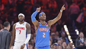 Apr 2, 2025; Oklahoma City, Oklahoma, USA; Oklahoma City Thunder guard Shai Gilgeous-Alexander (2) gestures after scoring against the Detroit Pistons during the first quarter at Paycom Center. Mandatory Credit: Alonzo Adams-Imagn Images
