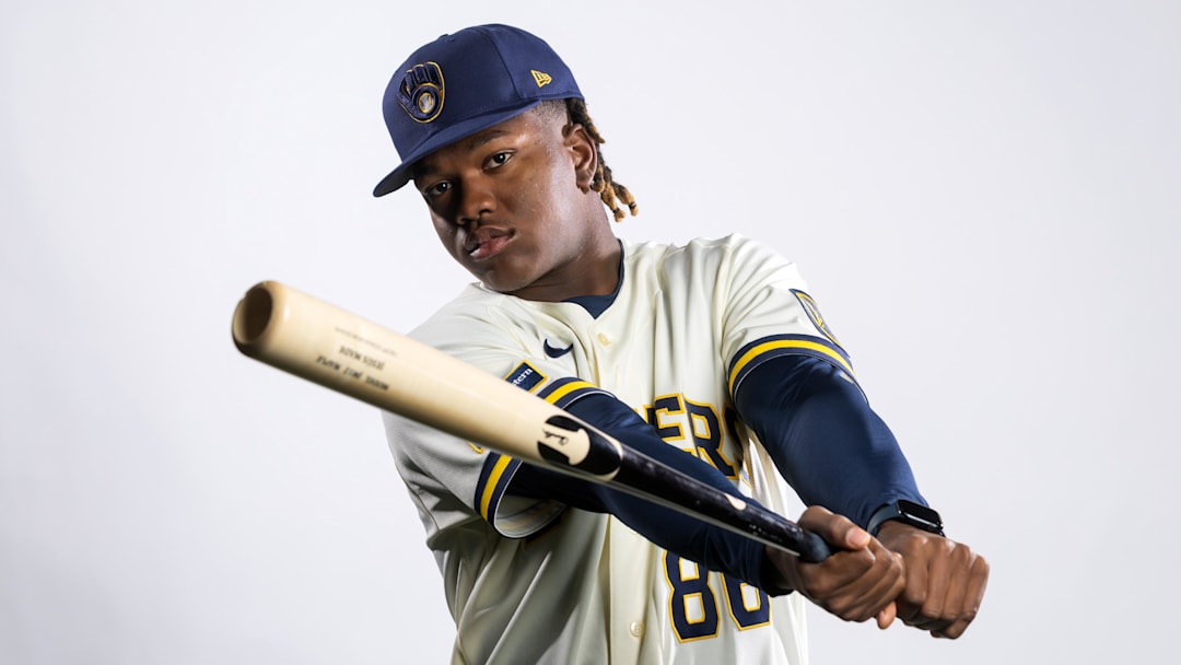 Feb 20, 2026; Phoenix, AZ, USA; Milwaukee Brewers infielder Jesus Made poses for a portrait during photo day at American Family Fields of Phoenix. Mandatory Credit: Mark J. Rebilas-Imagn Images