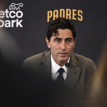 Nov 21, 2023; San Diego, CA, USA; San Diego Padres president of baseball operations and general manager A.J. Preller speaks to the media during a press conference announcing the hiring of manager Mike Shildt (not pictured) at Petco Park. Mandatory Credit: Orlando Ramirez-USA TODAY Sports