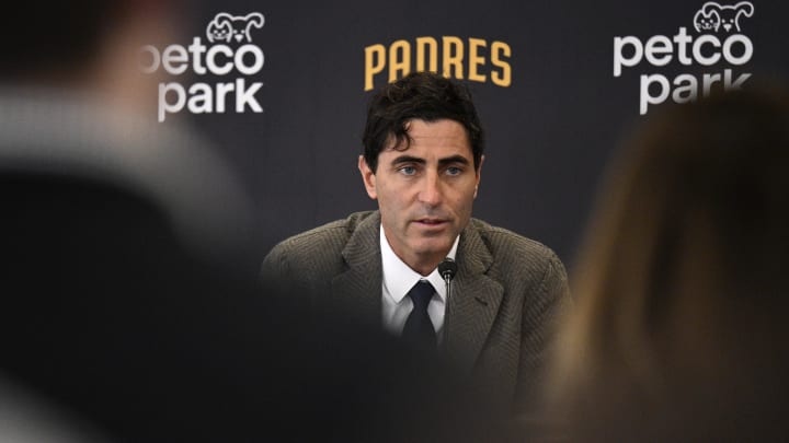 Nov 21, 2023; San Diego, CA, USA; San Diego Padres president of baseball operations and general manager A.J. Preller speaks to the media during a press conference announcing the hiring of manager Mike Shildt (not pictured) at Petco Park. Mandatory Credit: Orlando Ramirez-USA TODAY Sports