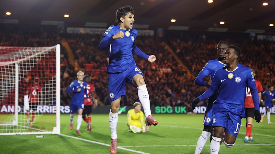 Chelsea players celebrate scoring against Lincoln in the Carabao Cup