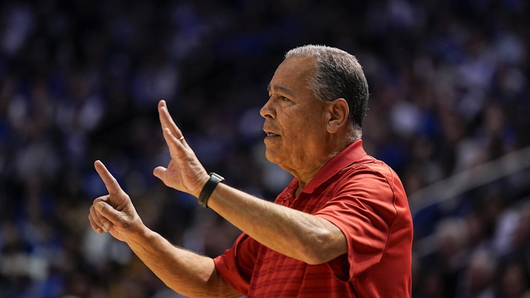 Feb 7, 2026; Provo, Utah, USA;  Houston Cougars Head Coach Kelvin Sampson gives instruction during the first half  against the BYU Cougars at Marriott Center. Mandatory Credit: Aaron Baker-Imagn Images