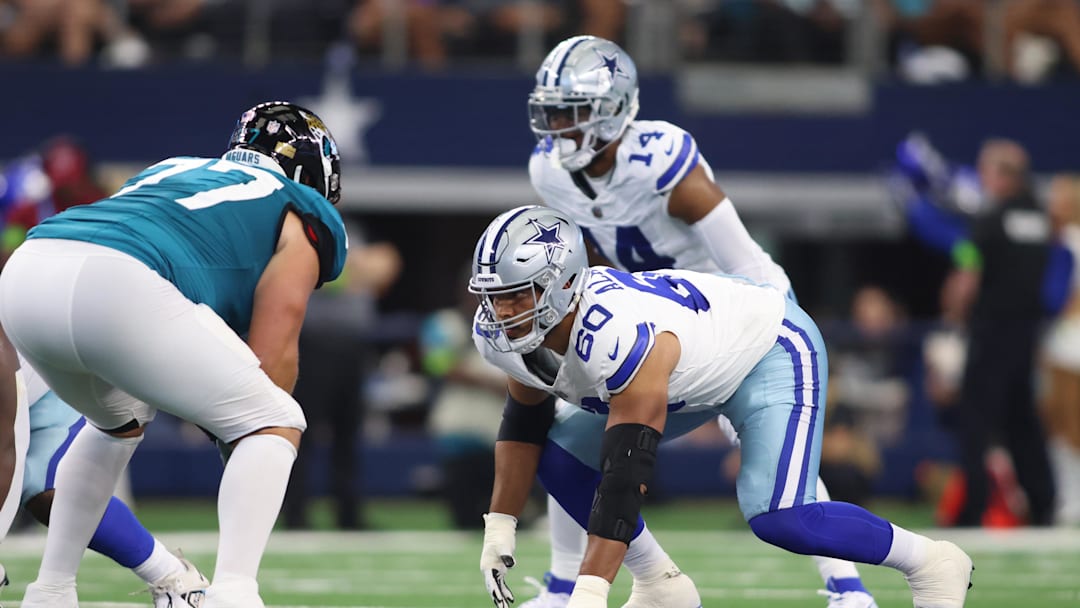 Aug 12, 2023; Arlington, Texas, USA;  Dallas Cowboys offensive tackle Isaac Alarcon (60) on the line