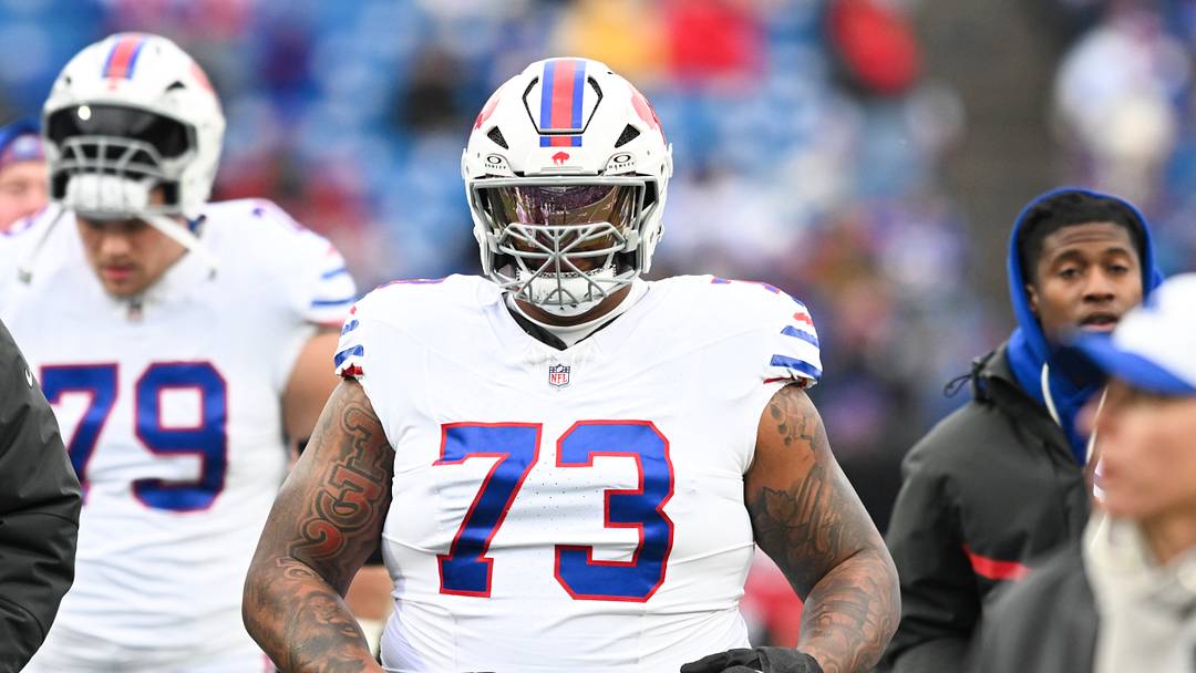 Nov 16, 2025; Orchard Park, New York, USA;  Buffalo Bills offensive tackle Dion Dawkins (73) warms up prior to the game against the Tampa Bay Buccaneers at Highmark Stadium.