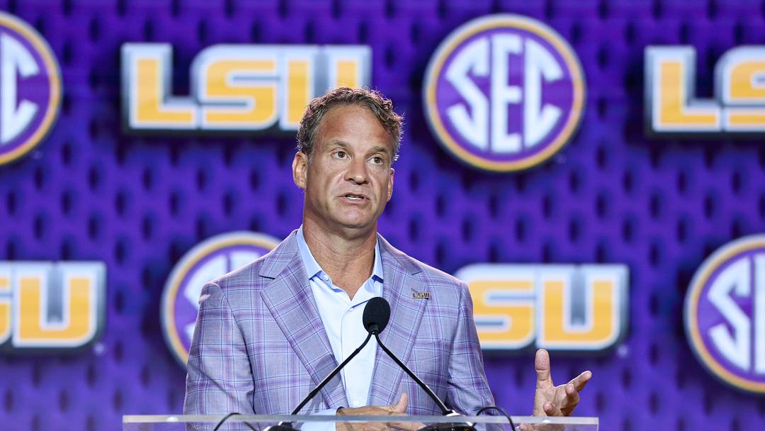 Jul 23, 2026; Tampa, FL, USA; LSU Tigers head coach Lane Kiffin speaks to the press during SEC Football Kickoff Media Day at the Tampa Marriott. Mandatory Credit: Nathan Ray Seebeck-Imagn Images