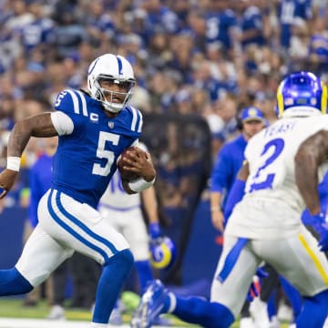 Oct 1, 2023; Indianapolis, Indiana, USA; Indianapolis Colts quarterback Anthony Richardson (5) runs the ball in the second quarter against the Los Angeles Rams at Lucas Oil Stadium. Mandatory Credit: Trevor Ruszkowski-USA TODAY Sports