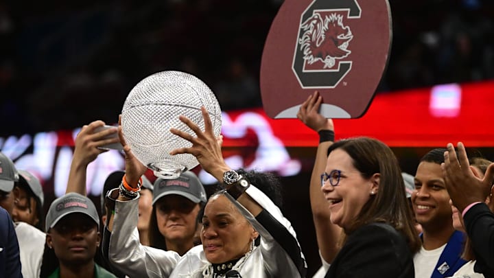 Apr 7, 2024; Cleveland, OH, USA; South Carolina Gamecocks head coach Dawn Staley reacts after defeating the Iowa Hawkeyes in the finals of the Final Four of the womens 2024 NCAA Tournament  at Rocket Mortgage FieldHouse. Mandatory Credit: Ken Blaze-Imagn Images