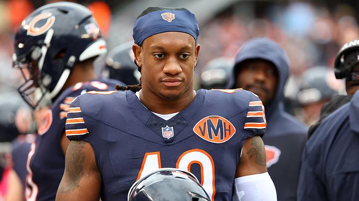Oct 19, 2025; Chicago, Illinois, USA; Chicago Bears middle linebacker Tremaine Edmunds (49) during the second half at Soldier Field. Mandatory Credit: Mike Dinovo-Imagn Images