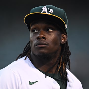 Sep 4, 2024; Oakland, California, USA; Oakland Athletics outfielder Lawrence Butler (4) looks on against the Seattle Mariners during the second inning at Oakland-Alameda County Coliseum. Mandatory Credit: Eakin Howard-Imagn Images