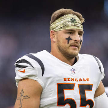 Nov 21, 2021; Paradise, Nevada, USA; Cincinnati Bengals linebacker Logan Wilson (55) against the Las Vegas Raiders at Allegiant Stadium. Mandatory Credit: Mark J. Rebilas-Imagn Images