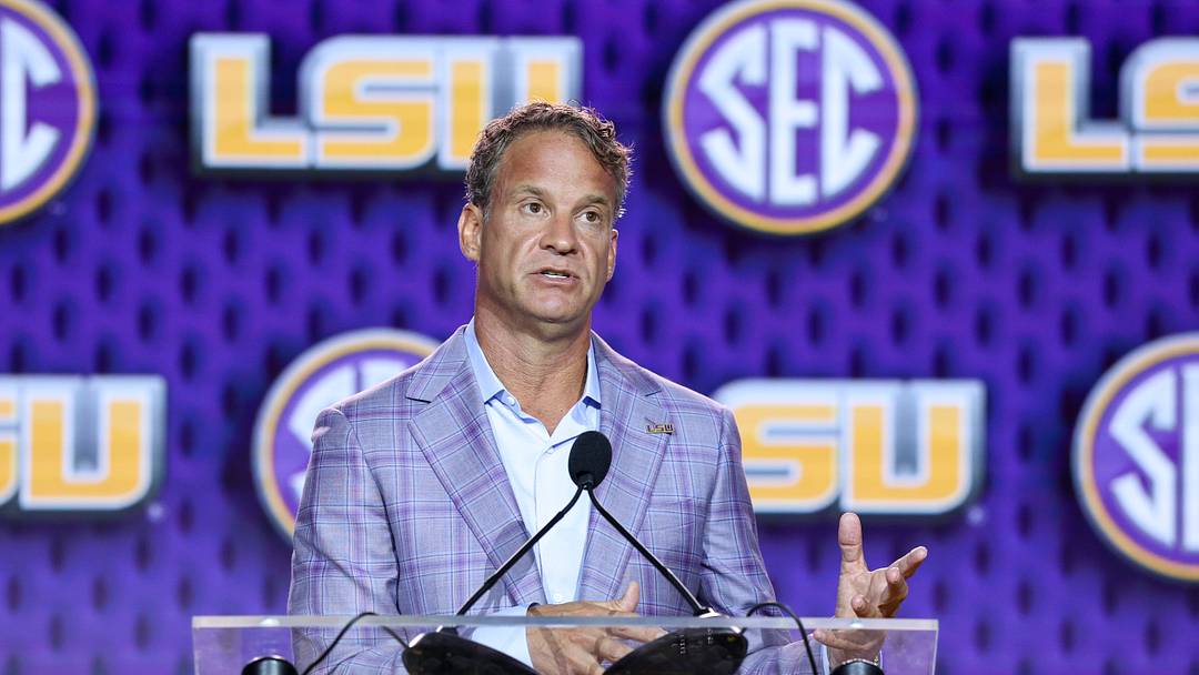 Jul 23, 2026; Tampa, FL, USA; LSU Tigers head coach Lane Kiffin speaks to the press during SEC Football Kickoff Media Day at the Tampa Marriott. Mandatory Credit: Nathan Ray Seebeck-Imagn Images