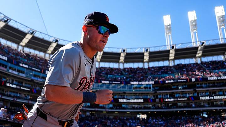 Detroit Tigers first base Spencer Torkelson (20) takes the field for warm up before Game 1 of ALDS against Cleveland Guardians at Progressive Field in Cleveland, Ohio on Saturday, Oct. 5, 2024.