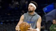 Feb 23, 2025; San Francisco, California, USA; Dallas Mavericks guard Klay Thompson (31) warms up before the game against the Golden State Warriors at Chase Center. Mandatory Credit: John Hefti-Imagn Images