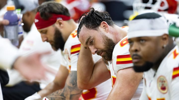 Feb 9, 2025; New Orleans, LA, USA;  Kansas City Chiefs tight end Travis Kelce (87) reacts on the bench in the fourth quarter against the Philadelphia Eagles in Super Bowl LIX at Ceasars Superdome. Mandatory Credit: Mark J. Rebilas-Imagn Images