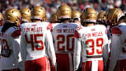 Boston College players stand together during a timeout on Nov. 8. 2025 at Alumni Stadium.