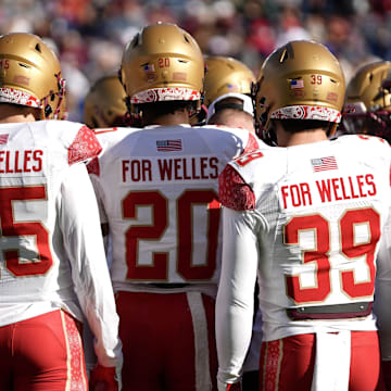 Boston College players stand together during a timeout on Nov. 8. 2025 at Alumni Stadium.