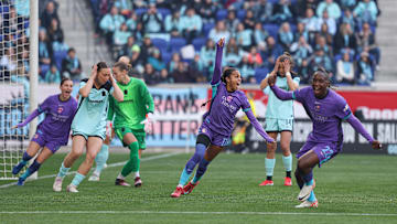 Mar 23, 2025; Harrison, New Jersey, USA; Orlando Pride forward Ally Watt (11) celebrates an own goal past Gotham FC goalkeeper Ann-Katrin Berger (30) during the first half at Sports Illustrated Stadium. Mandatory Credit: Vincent Carchietta-Imagn Images