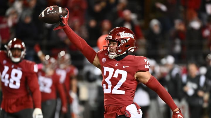 Oct 27, 2022; Pullman, Washington, USA; Washington State Cougars defensive back Tanner Moku (32) celebrates after recovering a Utah Utes fumble in the second half at Gesa Field at Martin Stadium. Utah won 21-17. Mandatory Credit: James Snook-USA TODAY Sports