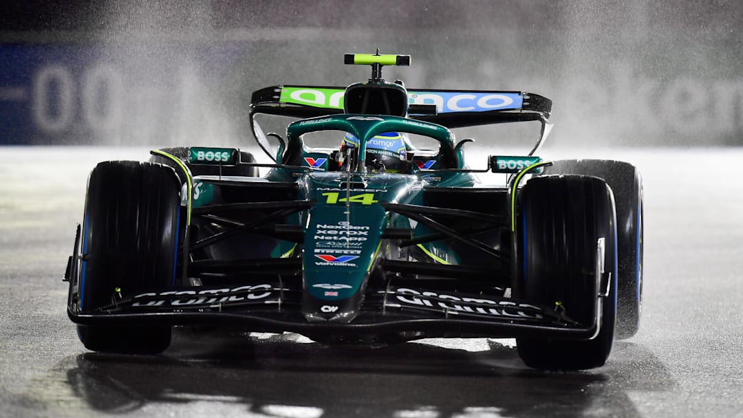 Nov 21, 2025; Las Vegas, NV, USA; Aston Martin Racing driver Fernando Alonso (14) during qualifying for the Las Vegas Grand Prix at Las Vegas Strip Circuit. Mandatory Credit: Gary A. Vasquez-Imagn Images