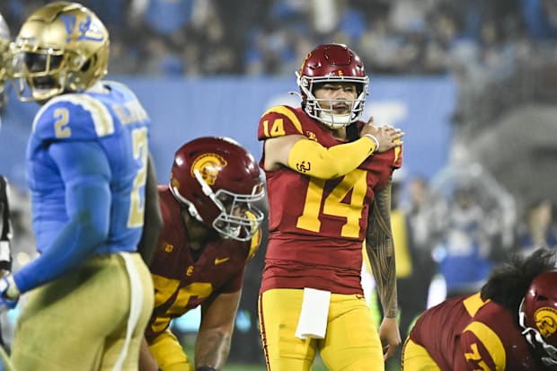 USC Trojans quarterback Jayden Maiava (14) signals a play during the fourth quarter against the UCLA Bruins at Rose Bowl.