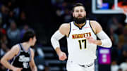 Dec 11, 2025; Sacramento, California, USA; Denver Nuggets center Jonas Valanciunas (17) runs up the court against the Sacramento Kings during the second quarter at Golden 1 Center. Mandatory Credit: Sergio Estrada-Imagn Images