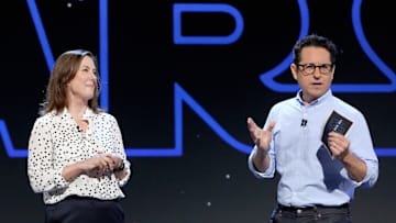 ANAHEIM, CALIFORNIA - AUGUST 24: (L-R) Producer Kathleen Kennedy and Director/producer/writer J.J. Abrams of 'Star Wars: The Rise of Skywalker' took part today in the Walt Disney Studios presentation at Disney’s D23 EXPO 2019 in Anaheim, Calif. 'Star Wars: The Rise of Skywalker' will be released in U.S. theaters on December 20, 2019. (Photo by Jesse Grant/Getty Images for Disney)