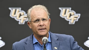 Jul 10, 2024; Las Vegas, NV, USA; UCF Knights head coach Gus Malzahn speaks to the media during the Big 12 Media Days at Allegiant Stadium. Mandatory Credit: Candice Ward-Imagn Images