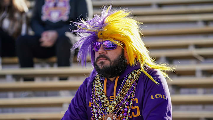 Oct 7, 2023; Columbia, Missouri, USA; A LSU Tigers fan watches team warm ups against the Missouri