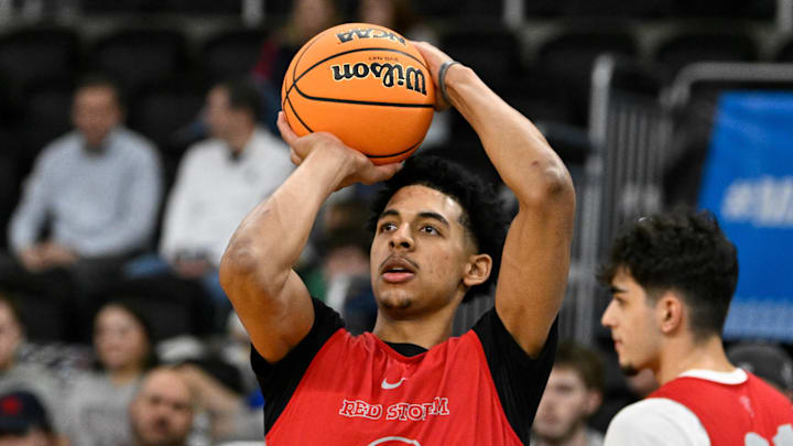 Mar 19, 2025; Providence, RI, USA; St. John's basketball guard RJ Luis Jr. (12) practices at Amica Mutual Pavilion.