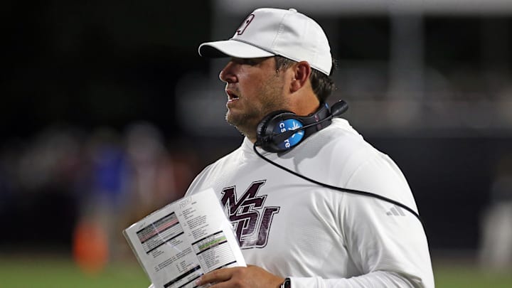 Oct 25, 2025; Starkville, Mississippi, USA; Mississippi State Bulldogs head coach Jeff Lebby looks on during the fourth quarter against the Texas Longhorns at Davis Wade Stadium at Scott Field. Mandatory Credit: Petre Thomas-Imagn Images