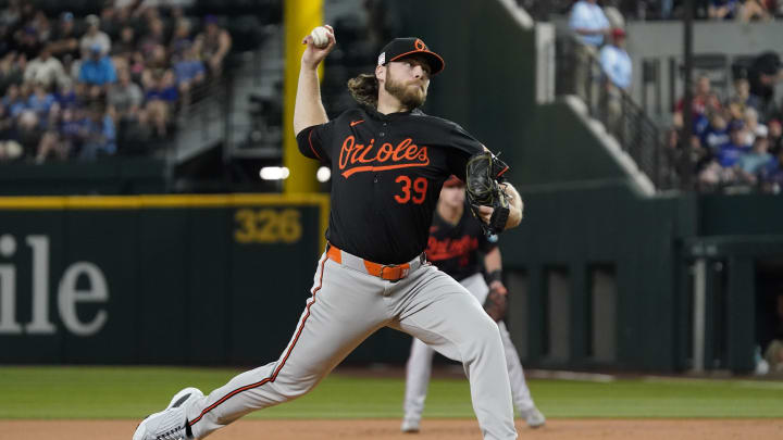 Jul 19, 2024; Arlington, Texas, USA; Baltimore Orioles pitcher Corbin Burnes (39) throws to the plate during the first inning against the Texas Rangers at Globe Life Field.