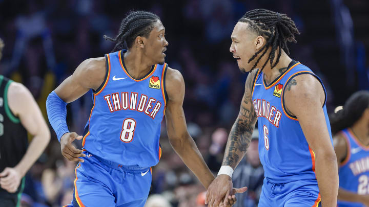 Jan 2, 2024; Oklahoma City, Oklahoma, USA; Oklahoma City Thunder forward Jalen Williams (8) and Oklahoma City Thunder forward Jaylin Williams (6) celebrate after scoring against the Boston Celtics during the second half at Paycom Center. Mandatory Credit: Alonzo Adams-USA TODAY Sports