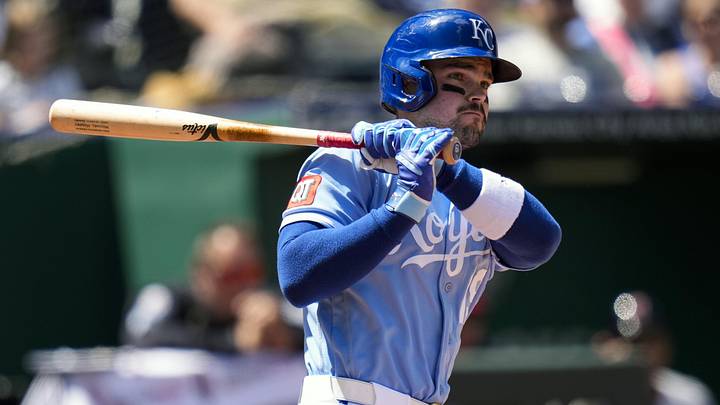 May 7, 2026; Kansas City, Missouri, USA; Kansas City Royals second baseman Michael Massey (19) hits a double during the fifth inning against the Cleveland Guardians at Kauffman Stadium. Mandatory Credit: Jay Biggerstaff-Imagn Images