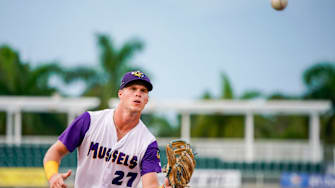 Fort Myers Mighty Mussels outfielder Walker Jenkins (27) catches a ball from the dugout during the second inning of a game against the Tampa Tarpons at Hammond Stadium in Fort Myers on Friday, June 28, 2024.