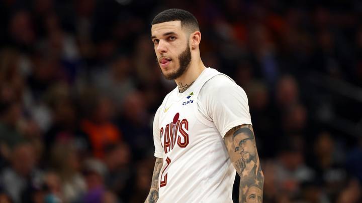 Jan 30, 2026; Phoenix, Arizona, USA; Cleveland Cavaliers guard Lonzo Ball (2) against the Phoenix Suns at Mortgage Matchup Center. Mandatory Credit: Mark J. Rebilas-Imagn Images