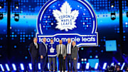Jun 28, 2024; Las Vegas, Nevada, USA; Ben Danford is selected by the Toronto Maple Leafs with the 31st overall pick in the first round of the 2024 NHL Draft at The Sphere. Mandatory Credit: Stephen R. Sylvanie-Imagn Images
