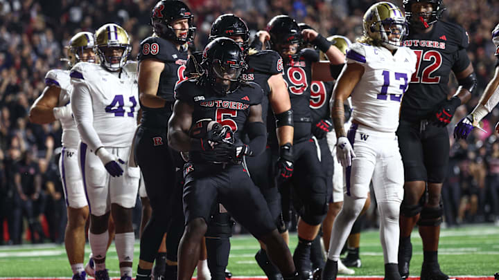 Sep 27, 2024; Piscataway, New Jersey, USA; Rutgers Scarlet Knights running back Kyle Monangai (5) celebrates after a rushing touchdown during the first half against the Washington Huskies at SHI Stadium. Mandatory Credit: Vincent Carchietta-Imagn Images