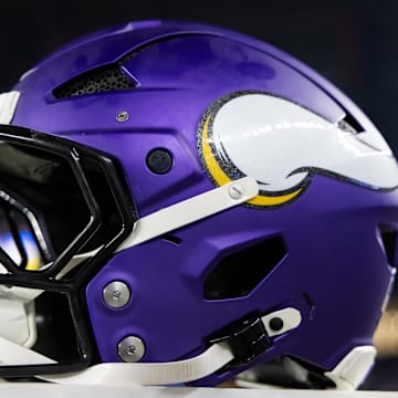 Jan 13, 2025; Glendale, AZ, USA; Detailed view of a Minnesota Vikings helmet during an NFC wild card game at State Farm Stadium. Mandatory Credit: Mark J. Rebilas-Imagn Images