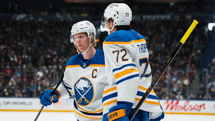 Dec 11, 2025; Vancouver, British Columbia, CAN; Buffalo Sabres defenseman Rasmus Dahlin (26) and forward Tage Thompson (72) celebrate Thompson’s goal against the Vancouver Canucks in the second period at Rogers Arena. Mandatory Credit: Bob Frid-Imagn Images