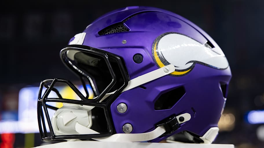 Detailed view of a Minnesota Vikings helmet during an NFC wild card game at State Farm Stadium. | Mark J. Rebilas-Imagn Images