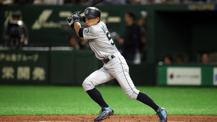 Seattle Mariners right fielder Ichiro Suzuki hits during the eighth inning against the Oakland Athletics on May 21, 2019, at Tokyo Dome.