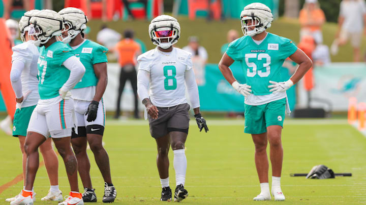Miami Dolphins running back Alexander Mattison (8) and linebacker Cameron Goode (53) look on during training camp at Baptist Health Training Complex. Miami Dolphins running back Alexander Mattison (8) and linebacker Cameron Goode (53) look on during training camp at Baptist Health Training Complex.