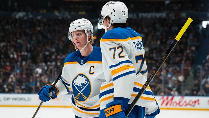 Dec 11, 2025; Vancouver, British Columbia, CAN; Buffalo Sabres defenseman Rasmus Dahlin (26) and forward Tage Thompson (72) celebrate Thompson’s goal against the Vancouver Canucks in the second period at Rogers Arena. Mandatory Credit: Bob Frid-Imagn Images