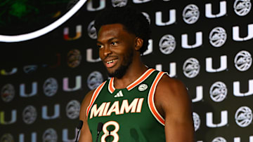 Oct 8, 2025; Charlotte, NC, USA; Miami player Ernest Udeh, Jr. answers questions from the media at The Hilton Charlotte Uptown. Mandatory Credit: William Howard-Imagn Images