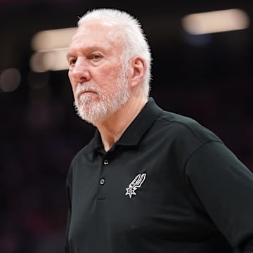 Mar 7, 2024; Sacramento, California, USA; San Antonio Spurs head coach Gregg Popovich stands on the court during a timeout against the Sacramento Kings in the second quarter at the Golden 1 Center.