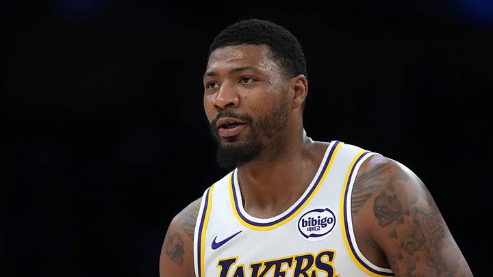 Mar 8, 2026; Los Angeles, California, USA; Los Angeles Lakers guard Marcus Smart (36) reacts against the New York Knicks at Crypto.com Arena. Mandatory Credit: Kirby Lee-Imagn Images