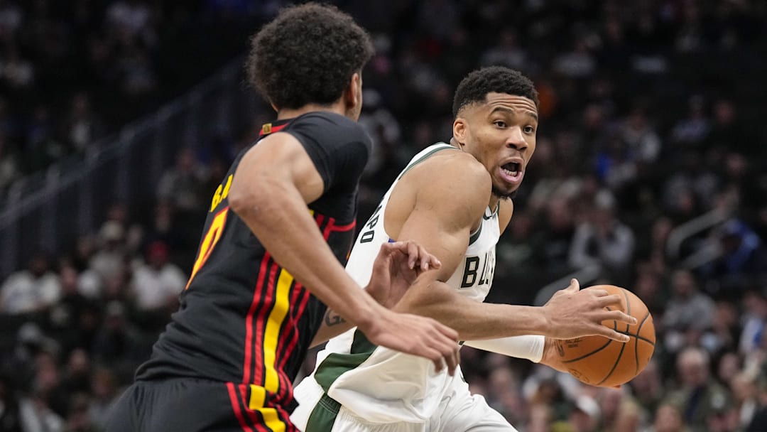 Mar 30, 2025; Milwaukee, Wisconsin, USA; Milwaukee Bucks forward Giannis Antetokounmpo (34) drives for the basket during the second quarter against the Atlanta Hawks at Fiserv Forum. Mandatory Credit: Jeff Hanisch-Imagn Images Mar 30, 2025; Milwaukee, Wisconsin, USA; Milwaukee Bucks forward Giannis Antetokounmpo (34) drives for the basket during the second quarter against the Atlanta Hawks at Fiserv Forum. Mandatory Credit: Jeff Hanisch-Imagn Images