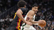 Mar 30, 2025; Milwaukee, Wisconsin, USA;  Milwaukee Bucks forward Giannis Antetokounmpo (34) drives for the basket during the second quarter against the Atlanta Hawks at Fiserv Forum. Mandatory Credit: Jeff Hanisch-Imagn Images